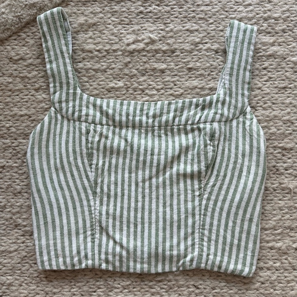 A&F Linen Blend Green and White Pinstripe Cropped Top